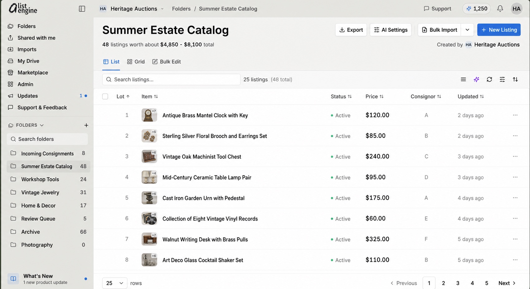 aListEngine Summer Estate Catalog folder showing fictional auction listings with lot numbers, prices, and export controls